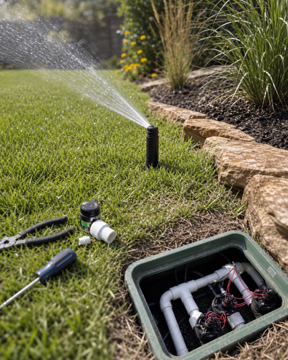 Irrigation sprinkler repair in a landscaped yard